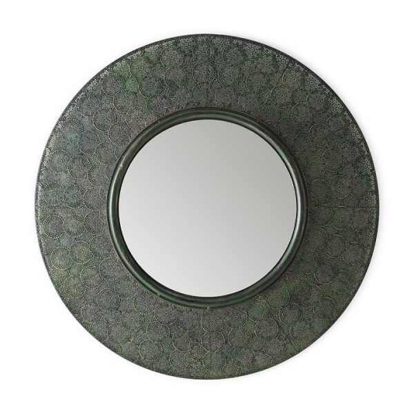 Espejo de diseño redondo en metal acabado oro y verde 2