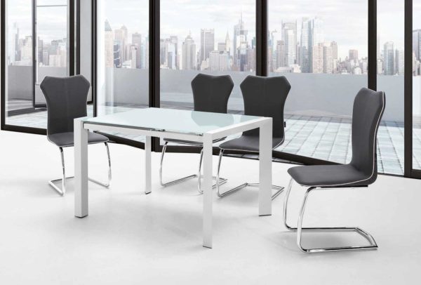 Mesa de comedor AVANCE EXTENSIBLE 120/182 cristal y acero blanco