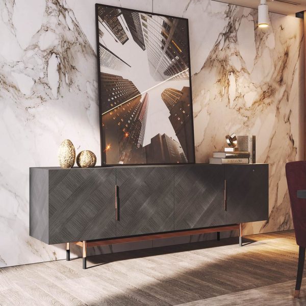 Aparador de diseño lujo y alta decoración CLAUD 240 madera eucalipto y acero dorado