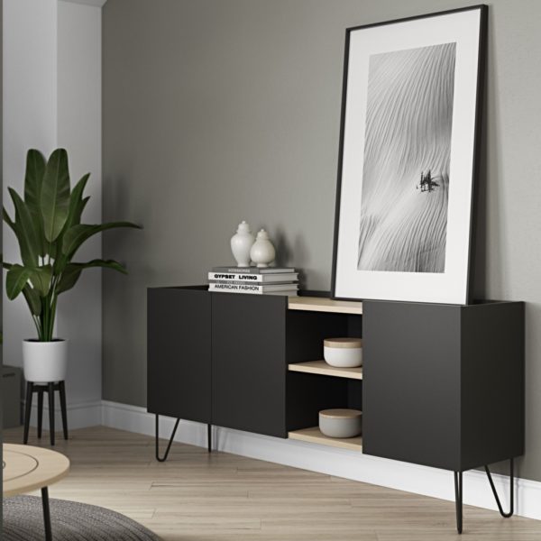 404139 Aparador de diseño nórdico Nina 180 negro y madera de roble