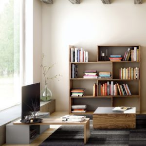 Mueble de televisión de diseño nórdico gris y nogal 9