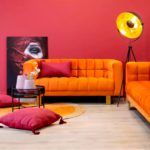 Sofá art deco capitoné terciopelo naranja y dorado (3) | PRIMERA AVENIDA