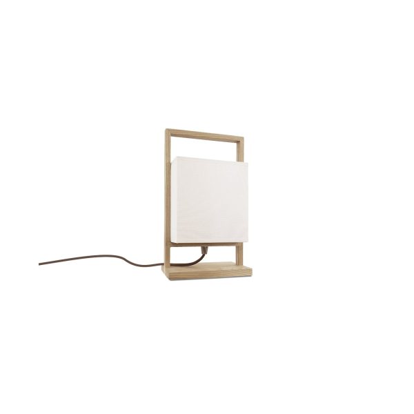 GRANADO Lámpara de sobremesa de diseño moderno madera natural y cubo tela blanca