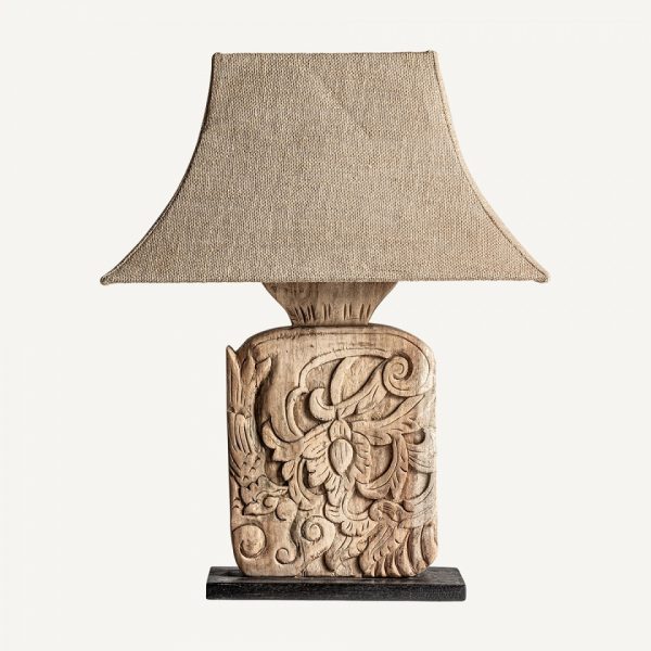 Lámpara de sobremesa original decorativa estilo vintage étnico madera tropical con tallas y yute