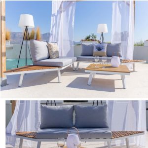 SASKIA Sofá de 2 plazas para exterior madera, aluminio blanco y cojines gris