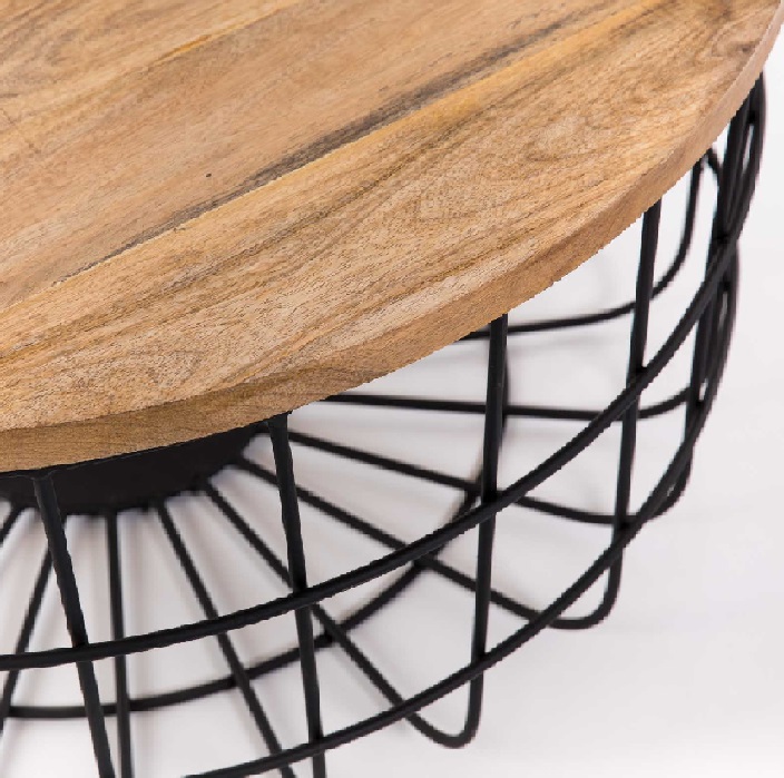 47013743 Mesa de centro redonda de diseño industrial 91 metal negro y madera natural - Imagen 2