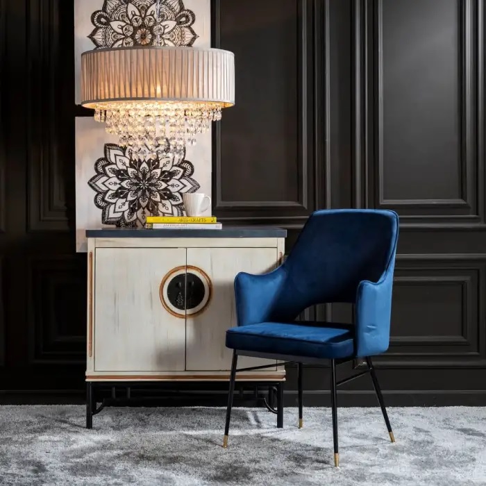 107957 Silla con reposabrazos diseño Art Decó metal y terciopelo color azul - Imagen 3