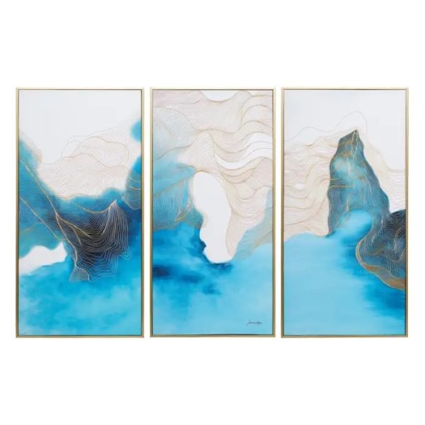 106624 Set de tres cuadros impresión ABSTRACTO 58x117 azul y blanco