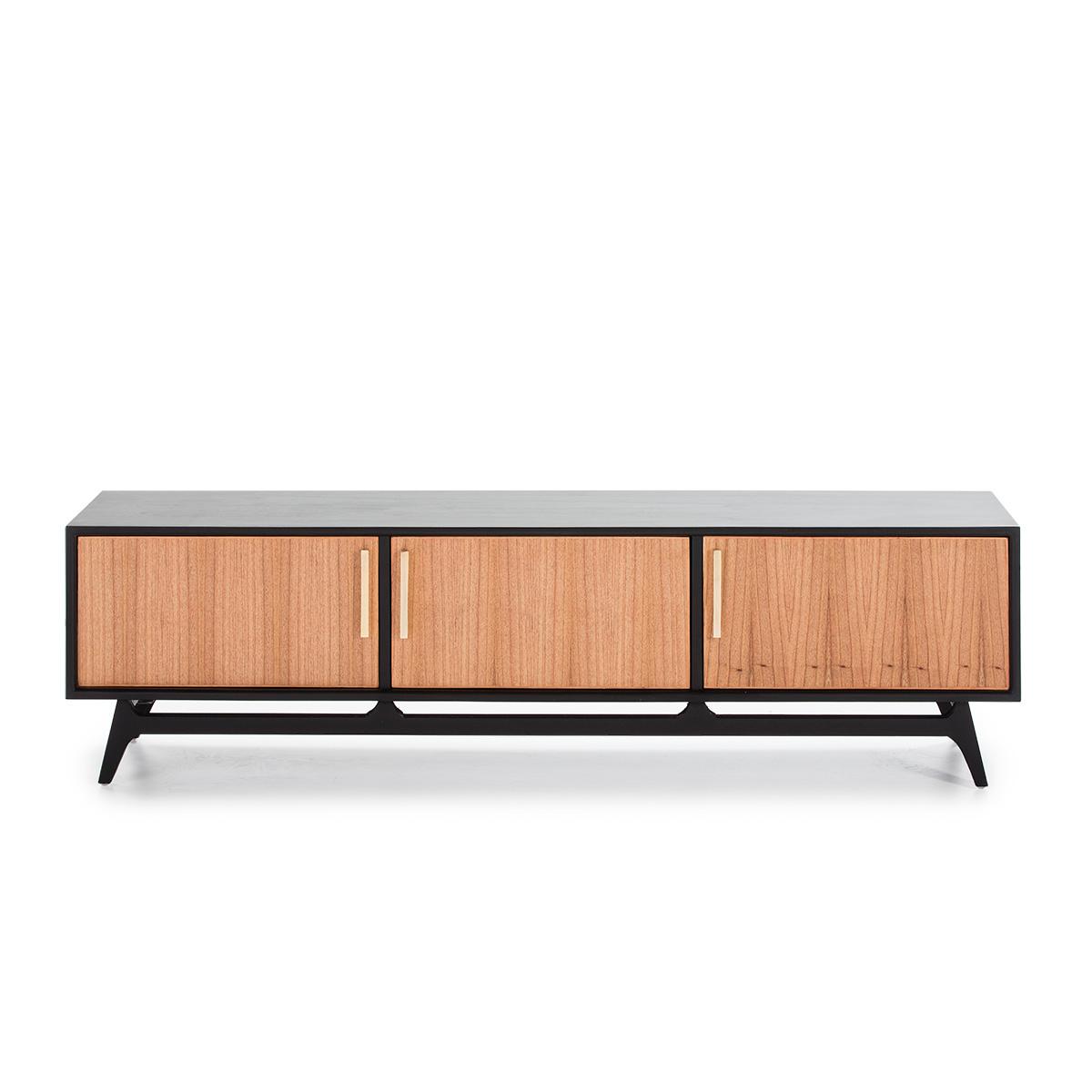 76431/16 Mueble de televisión de diseño nórdico 160 madera negro y natural tiradores metal dorado - Imagen 3