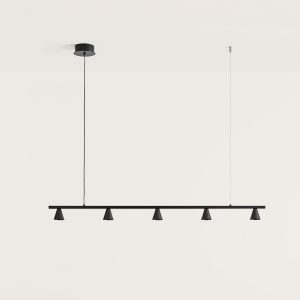 Lámpara de techo diseño moderno LYB barra acero negro y 5 tulipas cónicas (1)