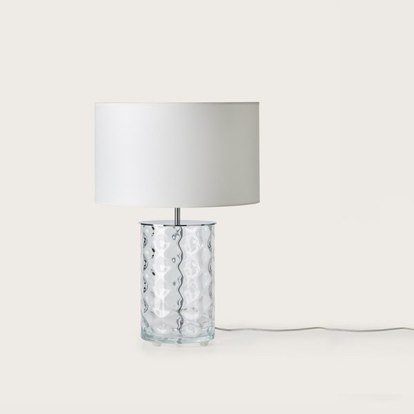 Lámpara sobremesa diseño vintage SHADOW base cristal transparente con relieves y pantalla blanco