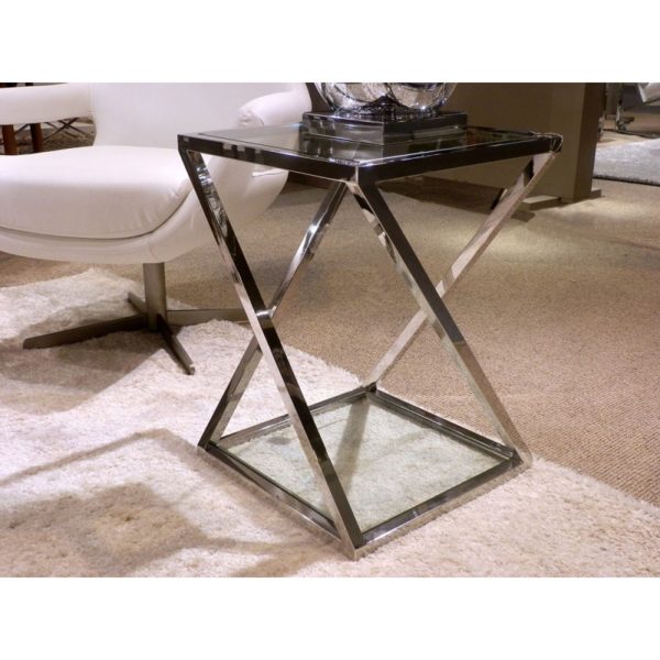34KF1003 Mesa auxiliar cuadrada de diseño moderno 40 acero y cristal transparente