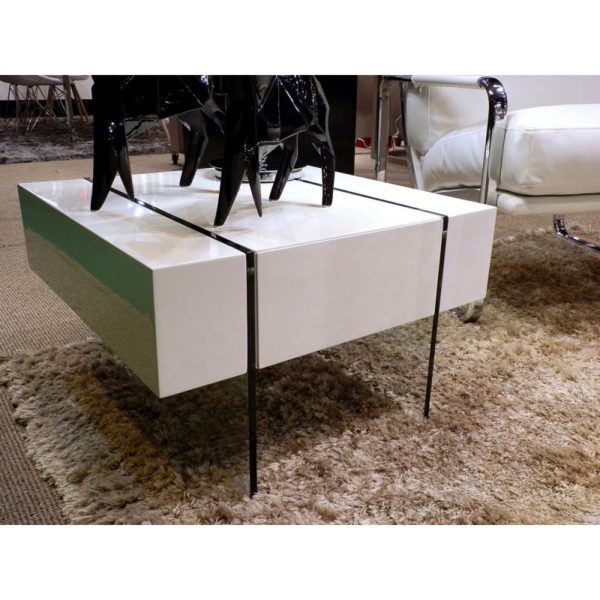 34V803B Mesa auxiliar de diseño moderno minimalista 60 cristal y lacado blanco brillo