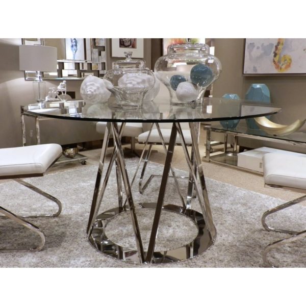 34KF1040 Mesa de comedor redonda de diseño moderno 130 acero y cristal transparente