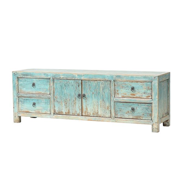 BK009 Mueble de televisión de diseño rústico vintage 170 madera azul claro desgastado