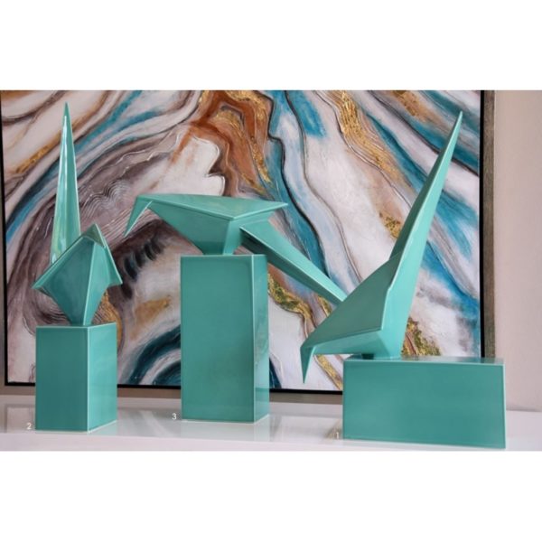 TP303V Set de 3 esculturas pájaros origami cerámica verde esmeralda