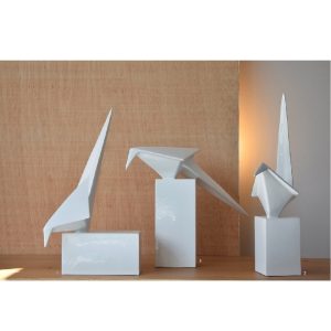 TP302B Set de 3 esculturas pájaros origami cerámica blanco
