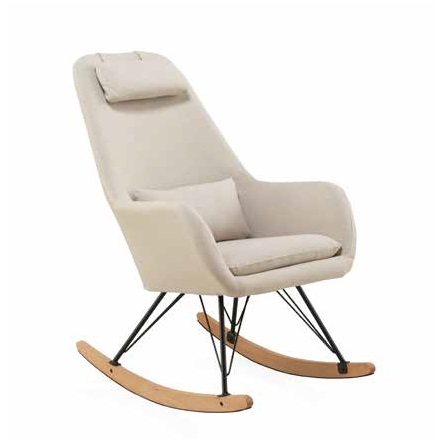 2041 Sillón mecedora diseño moderno tela beige y patas de metal con madera