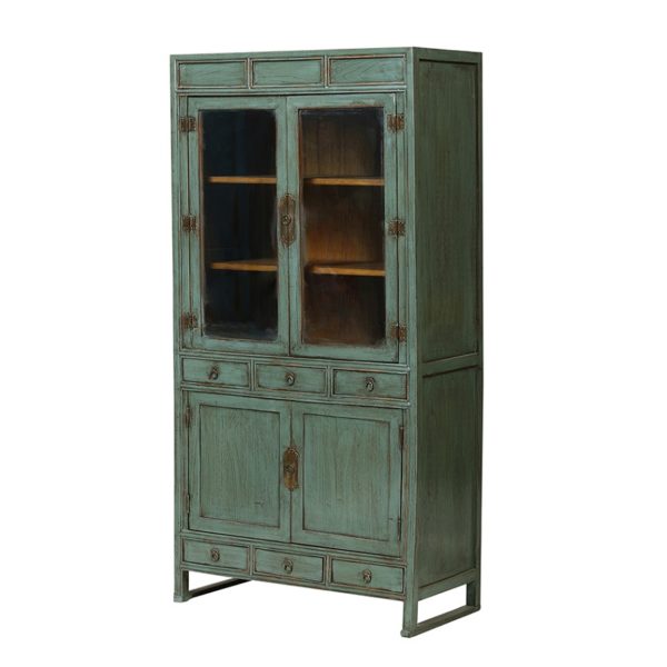JM708 Vitrina de diseño oriental 84 madera verde con desgastes