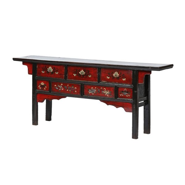 A177 Consola de diseño oriental 200 madera antigua marrón y rojo motivos florales