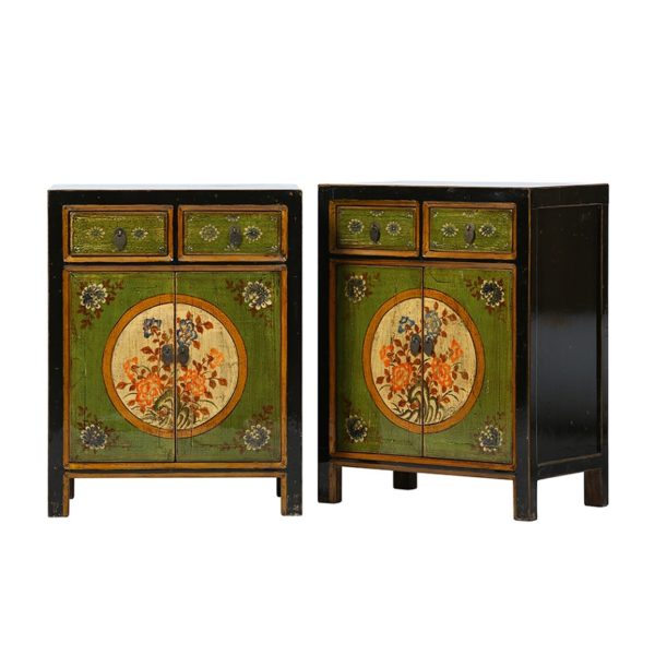 XN734 Pareja de mesitas de noche de diseño oriental 66 madera con motivos florales