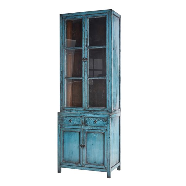 GC796 Vitrina de diseño oriental vintage 78 madera azul con desgastes
