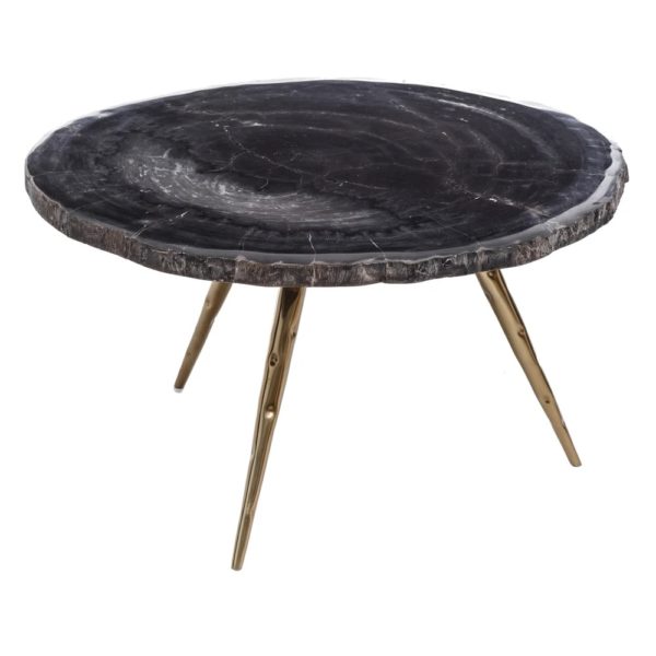 121977 Mesa de centro de diseño Art Decó 70 madera petrificada y metal dorado