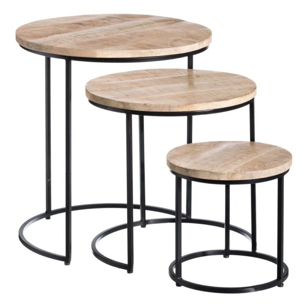 121992 Set de 3 mesas auxiliares de diseño industrial 50 madera natural y patas hierro negro