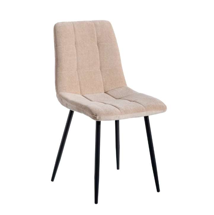 121853 Silla de diseño vintage tela beige con costuras y patas de metal negro