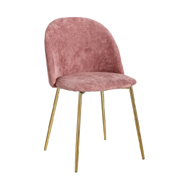 121813 Silla de diseño vintage tela rosa y patas de hierro oro mate