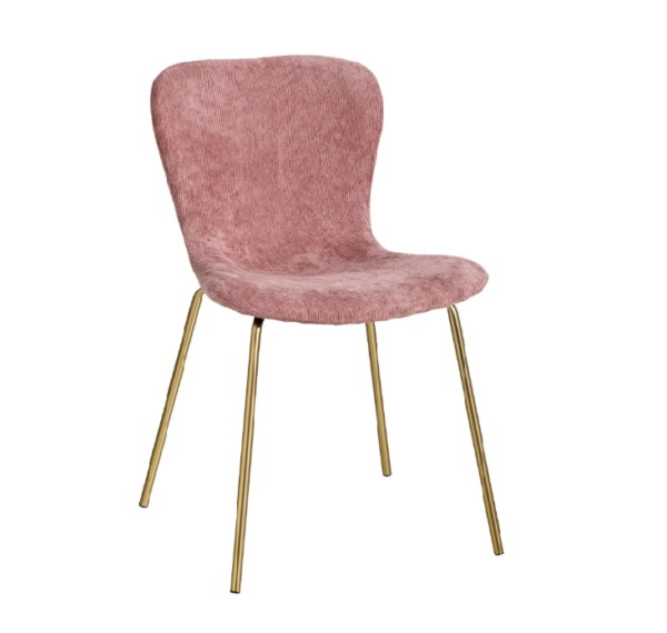 121809 Silla de diseño vintage tela rosa y patas de hierro oro mate