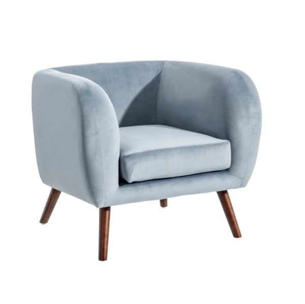 151062 Sillón o butaca de diseño nórdico terciopelo azul claro y patas de madera
