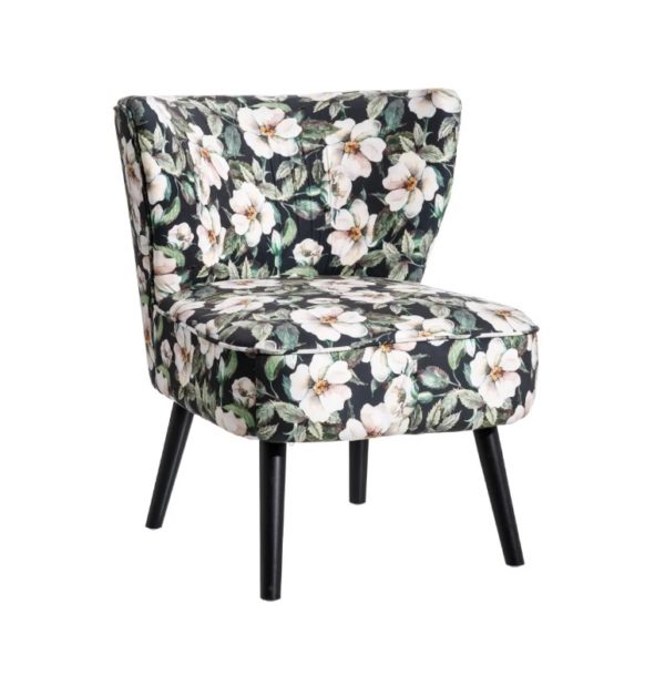 121663 Sillón de diseño vintage tela de flores y patas de madera color negro