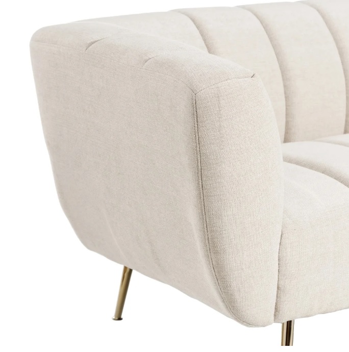 121867 Sofá de diseño Art Decó 166 tela beige y patas altas metal dorado - Imagen 2