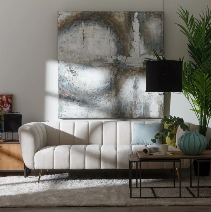 121868 Sofá de diseño Art Decó 226 tela beige y patas altas metal dorado - Imagen 2