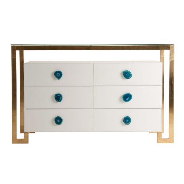 26195 Cómoda de diseño Art Decó KIMI 140 acero dorado con blanco y tiradores azules
