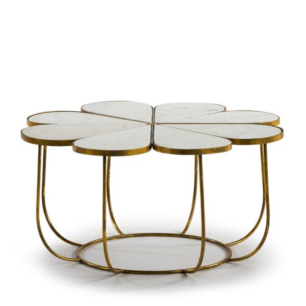 31766/00 Mesa de centro vintage Art Decó 81 metal dorado y sobre de mármol forma de flor