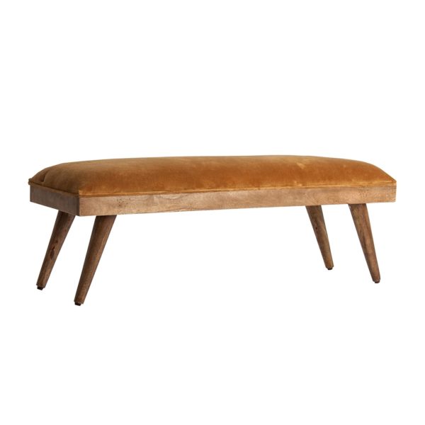 26778 Pie de cama de diseño nórdico vintage ERDWEIS 117 madera y chenilla mostaza