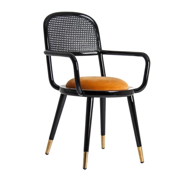 27366 Silla de diseño vintage Art Decó BRILLON tela mostaza con madera y ratán color negro