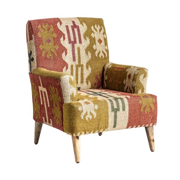 26288 Sillón de diseño étnico vintage SVETA tela estampada con tachuelas y patas de madera