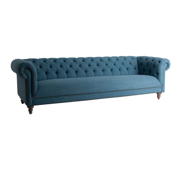 27237 Sofá de diseño clásico vintage SEIRINI 271 tapizado azul capitoné y patas de madera