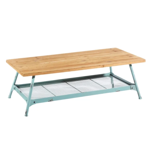 108257 Mesa de centro de diseño vintage 120 hierro azul turquesa y madera natural
