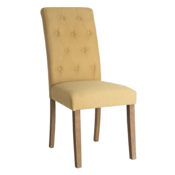 121788 Silla de diseño clásico madera y tela color ocre con capitoné en respaldo