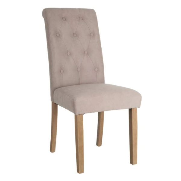 121786 Silla de diseño clásico madera y tela color topo con capitoné en respaldo