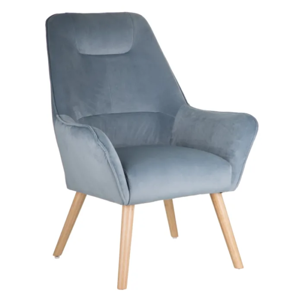 152424 Sillón de diseño nórdico patas de madera natural y tela azul claro
