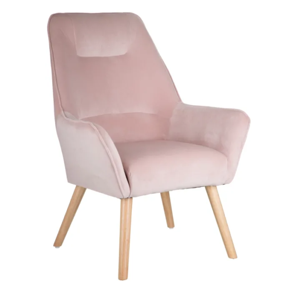 152425 Sillón de diseño nórdico patas de madera natural y tela rosa claro