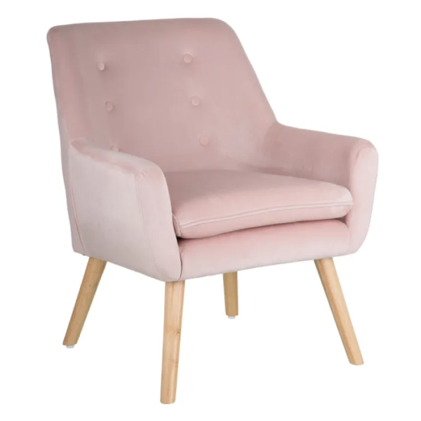 152429 Sillón de diseño nórdico patas madera natural y tela rosa claro botones respaldo