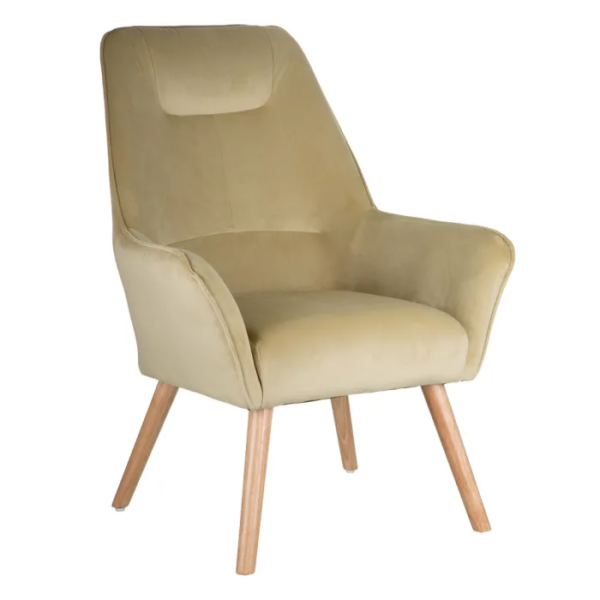 152426 Sillón de diseño nórdico patas de madera natural y tela verde claro