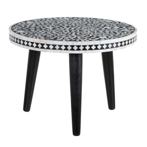 152828 Mesa auxiliar redonda de diseño vintage 61 madera blanco y negro dibujos florales