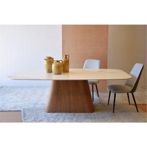 Mesa de comedor de diseño moderno mármol blanco y madera